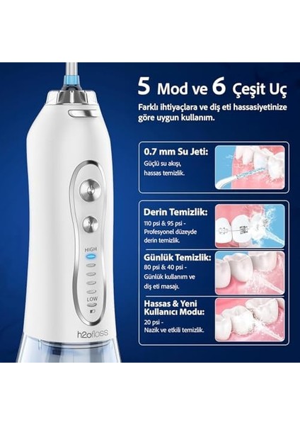 H2OFLOSS Şarjlı Kablosuz Ağız Duşu, Hızlı ve Etkili Diş Arası Temizliği – 300 ml Su Hazneli, 5 Modlu, 6 Başlıklı, Ipx7 Su Geçirmez, Diş Taşı Temizliği, Beyaz modelleri