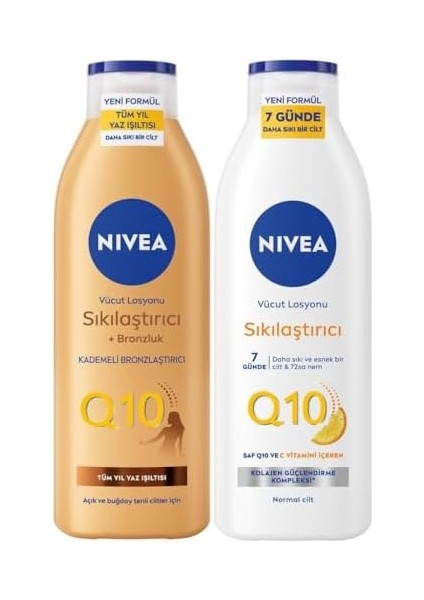 Nıvea Q10 ve C Vitamini Sıkılaştırıcı Vücut Losyonu 250 ml ve Q10 Sıkılaştırıcı ve Bronzluk Vücut Losyonu 200ML, 10 Günde Sıkılaşma, Tüm Cilt Tipleri Için modelleri