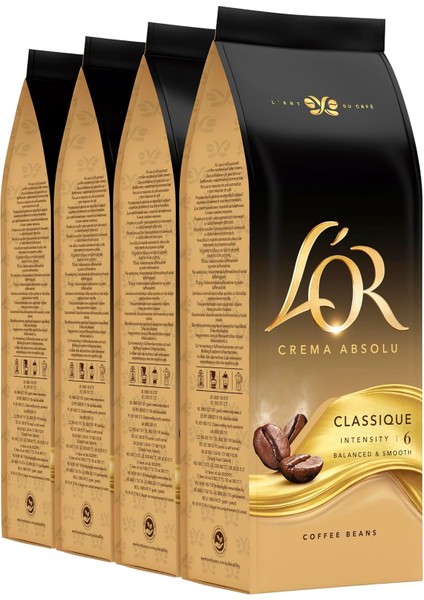 L&apos;or Crema Absolu Klasik Çekirdek KAHVE,%100 Arabica, Zengin Lezzet, Yoğunluk 6, 500 Gram X4