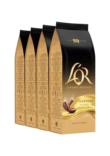 L&apos;or Crema Absolu Klasik Çekirdek KAHVE,%100 Arabica, Zengin Lezzet, Yoğunluk 6, 500 Gram X4 modelleri