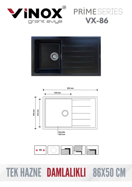Tek Göz Damlalıklı Granit Eviye 86X50CM fırsatları