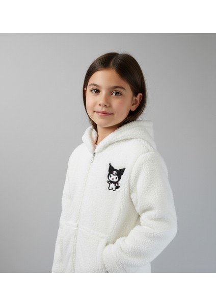 Kuromi Nakışlı Beyaz Pelüş Kapüşonlu Kız Çocuk Hırka