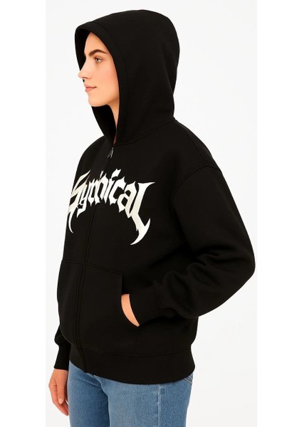 Kadın Oversize Kapüşonlu Sweatshirt Hoodie 3 Iplik Şardonlu Pamuklu Kumaş, Önü Baskılı, Fermuarlı Rahat Kalıp, Kışlık ve Sokak Stili Sweat - Siyah fiyatları