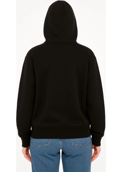 Kadın Oversize Kapüşonlu Sweatshirt Hoodie 3 Iplik Şardonlu Pamuklu Kumaş, Önü Baskılı, Fermuarlı Rahat Kalıp, Kışlık ve Sokak Stili Sweat - Siyah modelleri