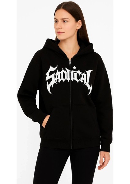 Kadın Oversize Kapüşonlu Sweatshirt Hoodie 3 Iplik Şardonlu Pamuklu Kumaş, Önü Baskılı, Fermuarlı Rahat Kalıp, Kışlık ve Sokak Stili Sweat - Siyah fırsatları