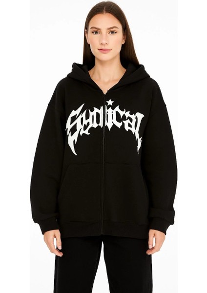 Kadın Oversize Kapüşonlu Sweatshirt Hoodie 3 Iplik Şardonlu Pamuklu Kumaş, Önü Baskılı, Fermuarlı Rahat Kalıp, Kışlık ve Sokak Stili Sweat - Siyah indirimleri