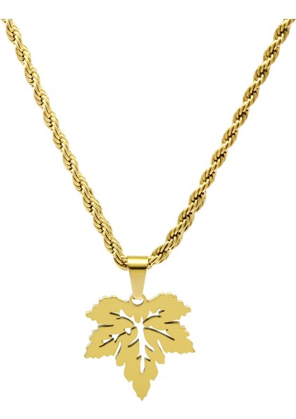 Altın Renk Burma Zincirli Çınar Yaprağı Tasarım Çelik Kadın Kolye