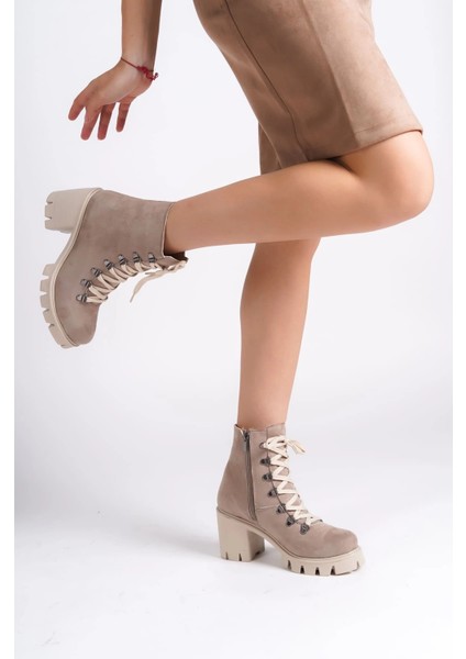 Emma Bağcıklı Fermuarlı Ortopedik Taban Topuklu Süet Kadın Bot Stt - Ten fiyatları