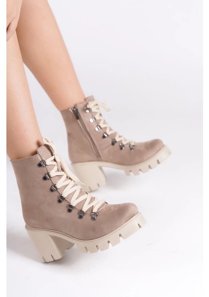 Emma Bağcıklı Fermuarlı Ortopedik Taban Topuklu Süet Kadın Bot Stt - Ten modelleri