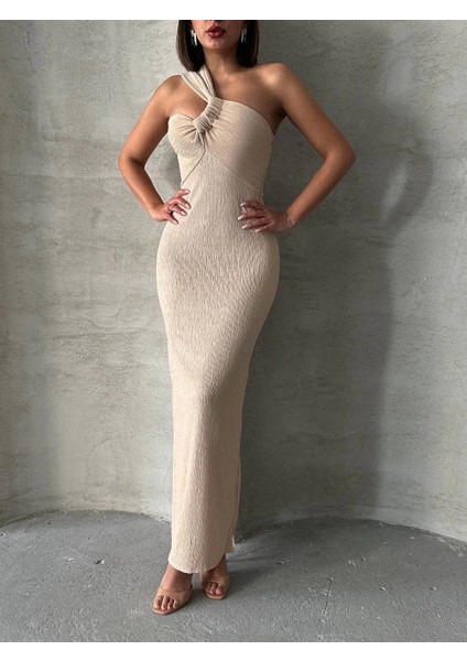 Mtxdpn Tek Omuz Pliseli Elbise Bej (Beden: M)