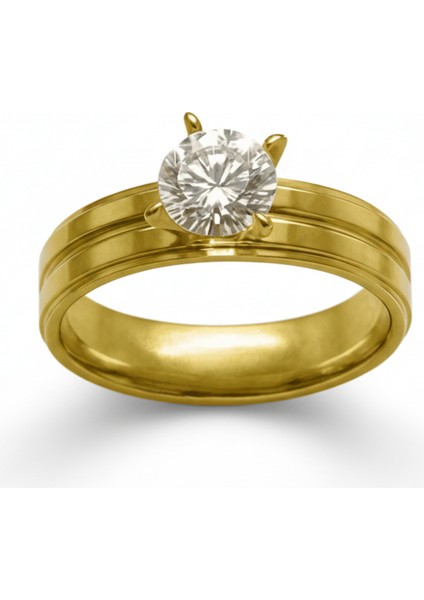 Altın Renk Zirkon Taşlı V Tasarım 316L Kalite Paslanmaz Çelik Kadın Tektaş Yüzük - 15 Ölçü