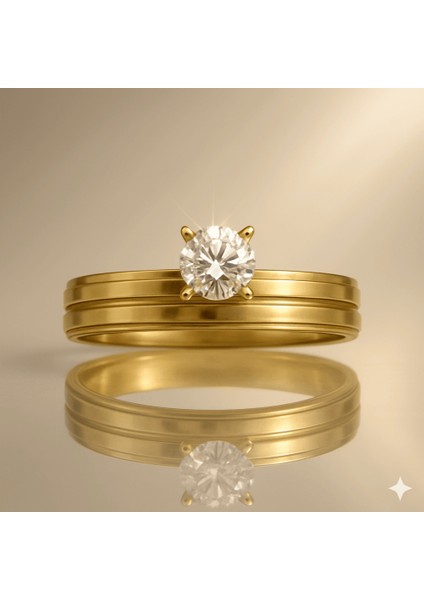 Altın Renk Zirkon Taşlı V Tasarım 316L Kalite Paslanmaz Çelik Kadın Tektaş Yüzük - 15 Ölçü indirimleri