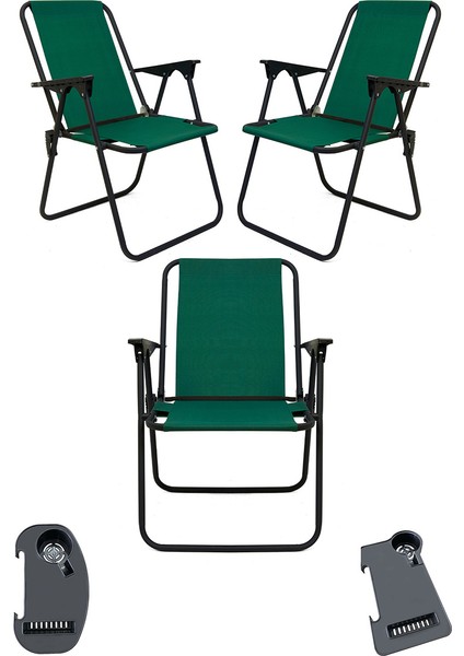 Litea 3 Adet Kamp Sandalyesi Katlanır Piknik Sandalye ve Bardaklık Yeşil