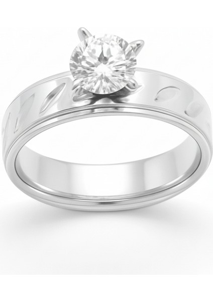 Gümüş Renk Zirkon Taşlı V Tasarım 316L Kalite Paslanmaz Çelik Kadın Tektaş Yüzük - 24 Ölçü