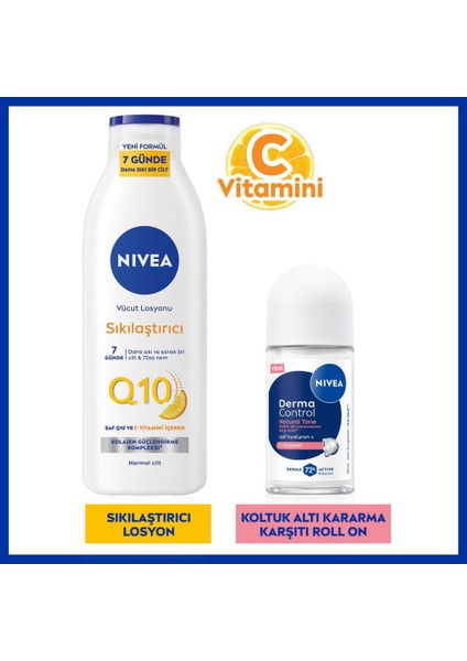 Q10 Sıkılaştırıcı Vücut Losyonu 250ML ve Kadın Roll-On Deodorant Derma Control Natural Tone 50ML