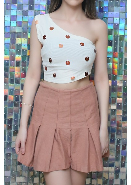 S'clouthe Kadın Crop Tek Omuz Body Bronz Pul Işlemeli White Pelopeia Serisi