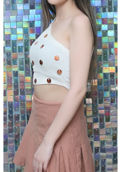 S'clouthe Kadın Crop Tek Omuz Body Bronz Pul Işlemeli White Pelopeia Serisi fiyatları