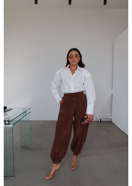 Beli Bağcıklı Kırışık Kumaş Şalvar Pantolon