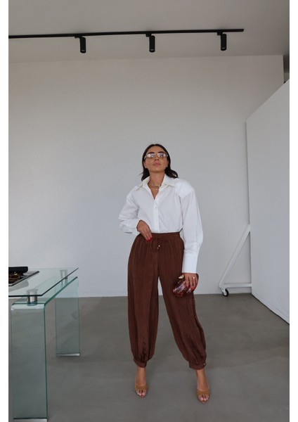 Beli Bağcıklı Kırışık Kumaş Şalvar Pantolon modelleri