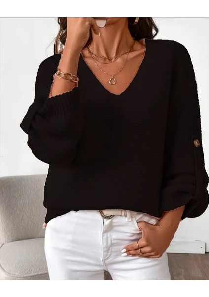 Kadın Uzun Kollu V Yakalı Düğmeli Triko Bluz