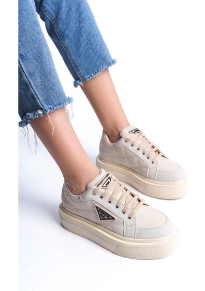 Prag Bağcıklı Ortopedik Taban Desenli Kadın Sneaker Spor Ayakkabı Ckt - Krem fiyatları