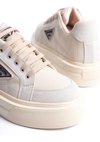 Prag Bağcıklı Ortopedik Taban Desenli Kadın Sneaker Spor Ayakkabı Ckt - Krem indirimleri