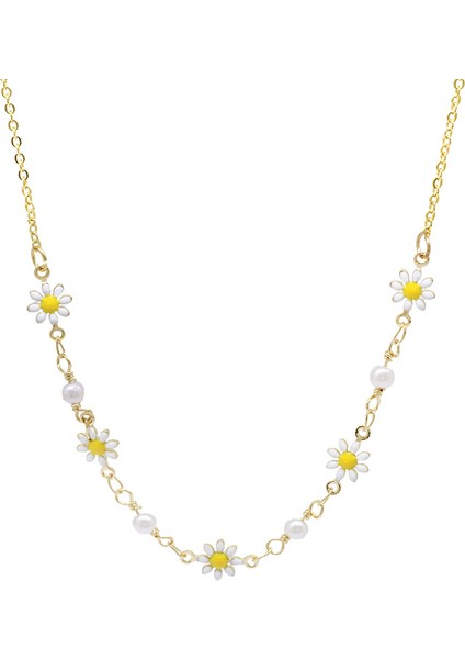 Altın Renk Metal Zincirli Inci Süslemeli Kır Çiçeği Detaylı Kadın Kolye
