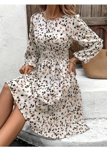 Kadın Uzun Kollu Bot Yaka Beli Lastikli Midi Süprem Elbise