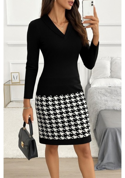 Kadın Uzun Kollu V Yaka Alt Tarafı Desenli Dalgıç Mini Boy Elbise fiyatları