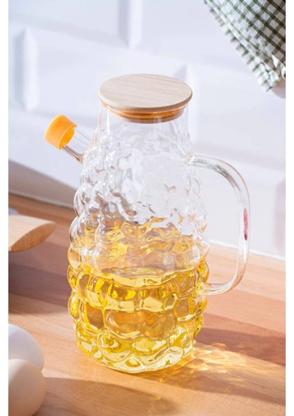 Üzüm Desenli Cam Yağdanlık – Bambu Kapaklı Şık Tasarım