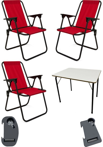 Litea 3 Adet Kamp Sandalyesi Katlanır Piknik Sandalye ve Bardaklık Kırmızı + Katlanır Mdf Masa