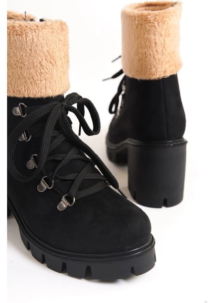 Emma Bağcıklı Fermuarlı Ortopedik Taban Topuklu Kürk Detaylı Süet Kadın Bot Sst - Siyah indirimleri