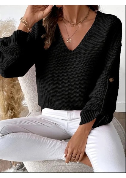 Kadın Uzun Kollu V Yakalı Düğmeli Triko Bluz modelleri