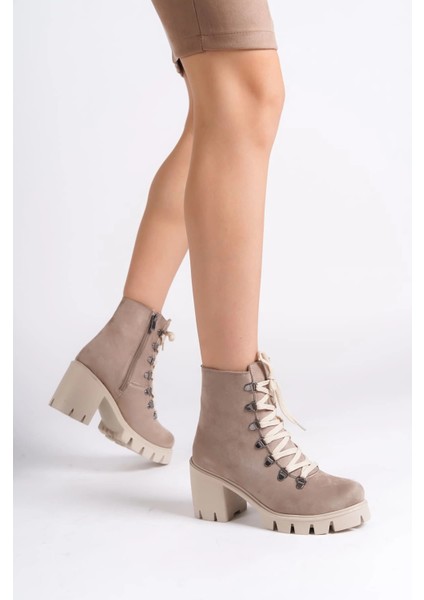 Emma Bağcıklı Fermuarlı Ortopedik Taban Topuklu Süet Kadın Bot Stt - Ten
