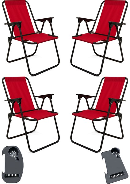 Litea 4 Adet Kamp Sandalyesi Katlanır Piknik Sandalye ve Bardaklık Kırmızı