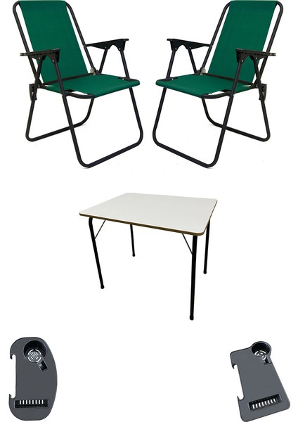 Litea 2 Adet Kamp Sandalyesi Katlanır Piknik Sandalye ve Bardaklık Yeşil + Katlanır Mdf Masa