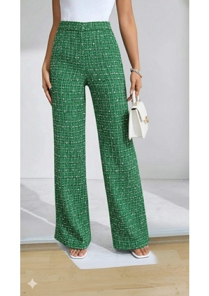 Kadın Yüksek Bel Paçaya Doğru Geniş Dokuma Pantolon modelleri