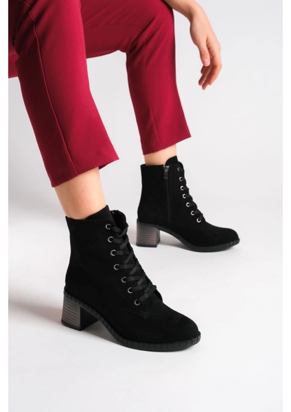 Dıana Bağcıklı Fermuarlı Ortopedik Taban Topuklu Süet Kadın Bot Sst - Siyah
