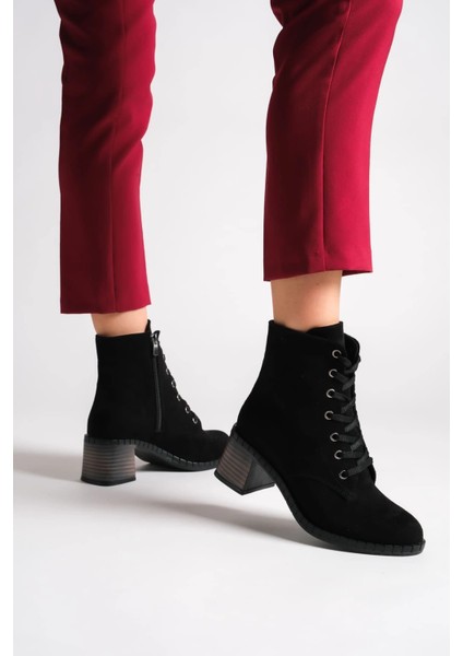 Dıana Bağcıklı Fermuarlı Ortopedik Taban Topuklu Süet Kadın Bot Sst - Siyah modelleri