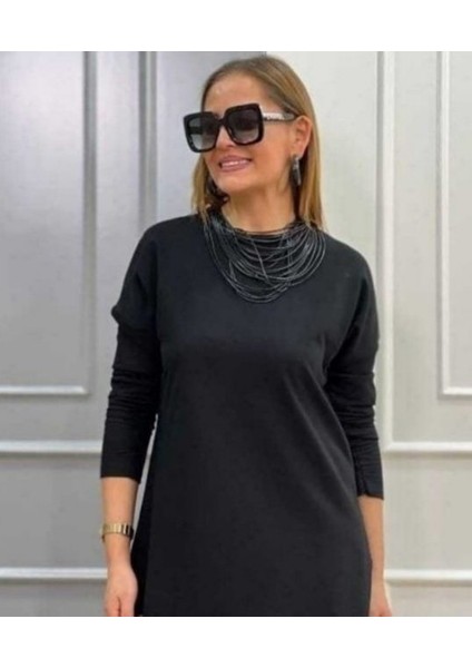 Kadın Uzun Kollu Bisiklet Yaka Etek Ucu Deri Dantelli Viskon Iki Iplik Midi Elbise fiyatları