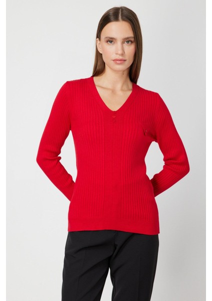 65496 Onteks V Yaka Yakası Düğmeli Kazak