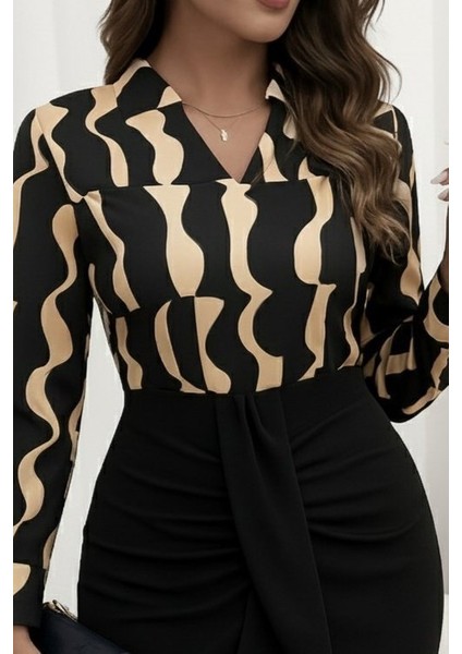 Kadın Uzun Kollu V Hakim Yakalı Desenli Dalgıç Bluz ve Önden Büzgülü Krep Ikili Takım fiyatları