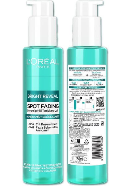 L&apos;oréal Parıs Bright Reveal Cilt Kusuru Izi Karşıtı, Serum Içerikli Temizleme Jeli Niasinamid ve Salisilik Asit 150 ml