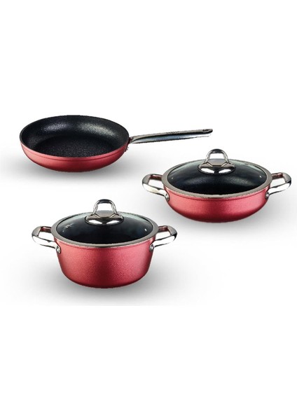 Daily Titanium 5 Parça Set Çelik Sap Metalik Kırmızı (22CM Derin Tencere + 26CM Sığ Tencere&tava)