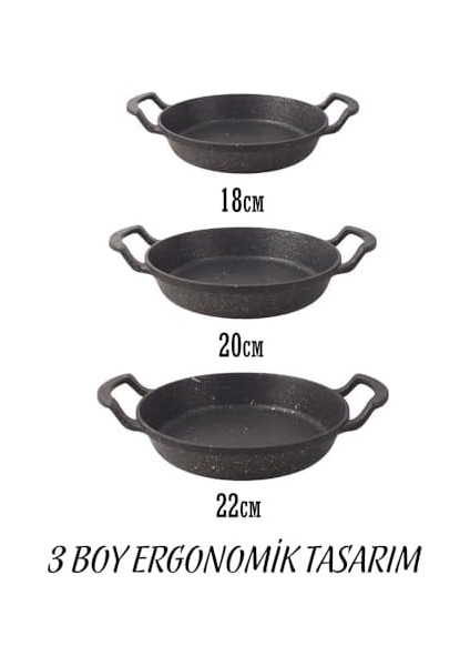 3&apos;lü Döküm Sahan Seti, 3&apos;lü Yumurta, Omlet Tavası, 3 Boy Döküm Siyah Granit Sahan Tava (22CM-20CM-18CM) modelleri