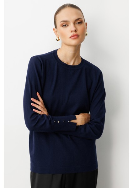 Kol Düğmeli Lacivert Yuvarlak Yaka Ince Triko Kazak modelleri
