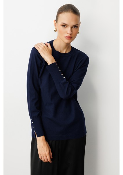 Kol Düğmeli Lacivert Yuvarlak Yaka Ince Triko Kazak fırsatları