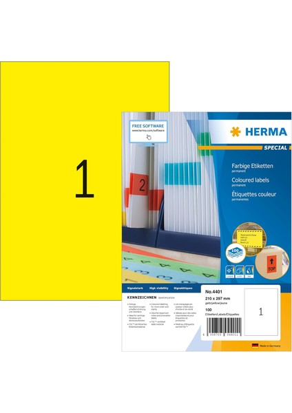 4401 Renkli Etiket Dın A4 210 x 297 Mm, 100 Yaprak, Kağıt, Mat Kendinden Yapışkanlı, Basılabilir, Kalıcı Yapışkan Renk Etiketi, 100 Yapışkan Etiket, Sarı