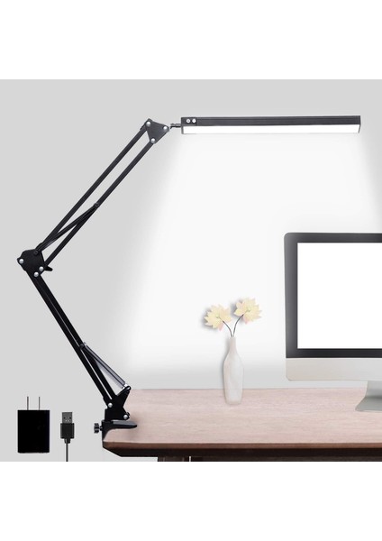 LED Masa Lambası, Kelepçeli Ayarlanabilir Salıncak Kol Lambası, Göz Bakımı Okuma Işığı, 10 Parlaklık Seviyesi, 3 Aydınlatma Modu, Ev Ofis Için Hafıza Fonksiyonu Lambaları (Siyah)