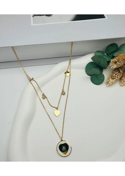 Kalpli Mavi Boncuklu Zirkon Gold Paslanmaz Çelik Kolye modelleri